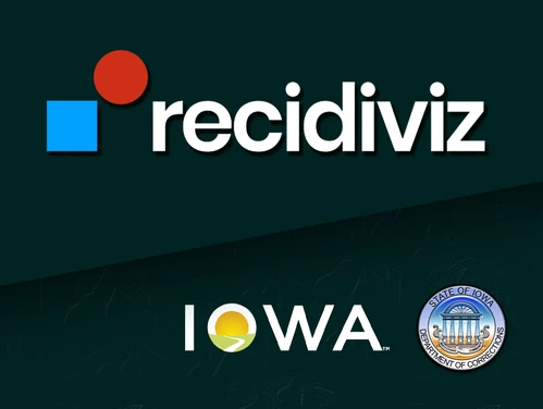 The Recidiviz logo next to the State of Iowa logo and the DOC Seal