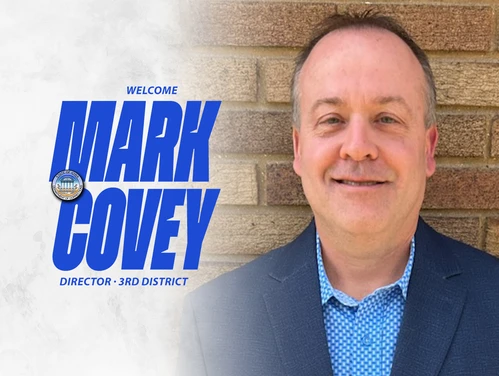 A headshot of Mark Covey next to the DOC Seal and the words Welcome Mark Covey, Director, 3rd District