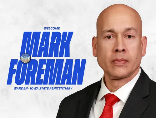 A headshot of Mark Foreman next to the DOC Seal and the words Welcome Mark  Foreman, Warden, Iowa State Penitentiary