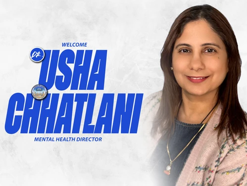 A headshot of Dr. Chhatlani next to the DOC Seal and the words Welcome Dr. Usha Chhatlani, Mental Health Director