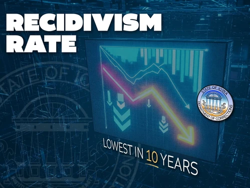 DOC Seal with words Recidivism Rate in front of a data background