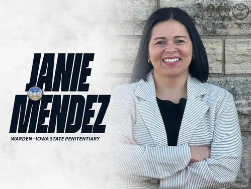 Mendez in front of a gray background next to her name