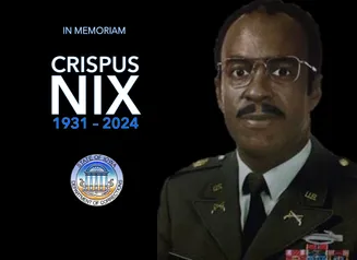 A headshot of Crispus Nix next to the DOC Seal and the words In Memoriam, Crispus Nix, 1931-2024