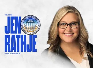 A headshot of Jen Rathje next to the DOC Seal and the words Welcome Jen Rathje, Legislative Liaison