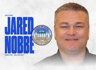 A headshot of Jared Nobbe next to the DOC Seal and the words Welcome Jared Nobbe, Director, 3rd District