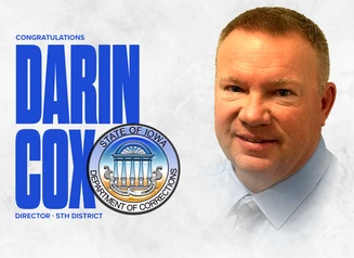 A headshot of Darin Cox next to the DOC Seal and the words Congratulations Darin Cox, Director, 5th District