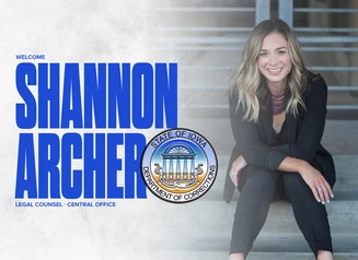 A headshot of Shannon Archer next to the DOC Seal and the words Welcome Shannon Archer, Legal Counsel, Central Office