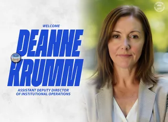 A headshot of Deanne Krumm next to the DOC Seal and the words Welcome Deanne Krumm, Assistant Deputy Director of Institutional Operations