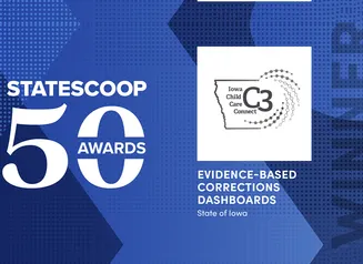 Blue background with the Statescoop 50 Awards logo and the Iowa Child Care Connect logo